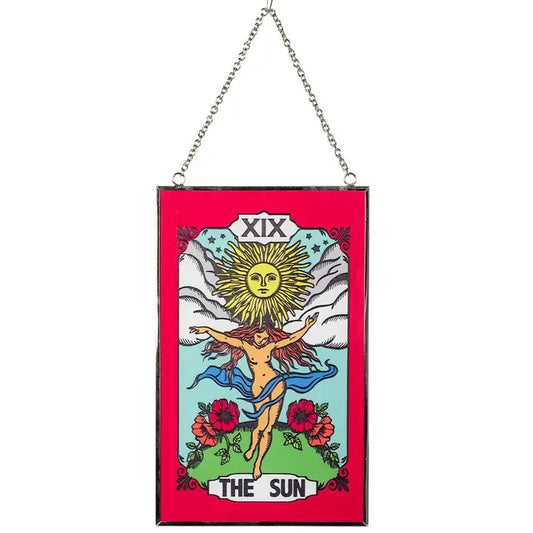 Framed tarot card titled 'The Sun' with a colorful design on a white background.