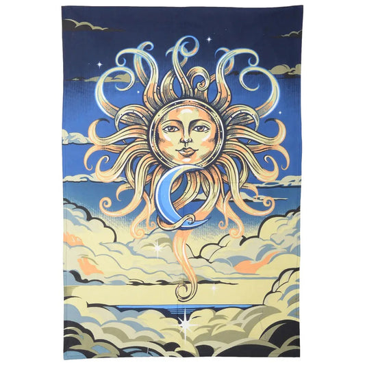 Decorative tapestry with a sun and moon design on a blue sky background
