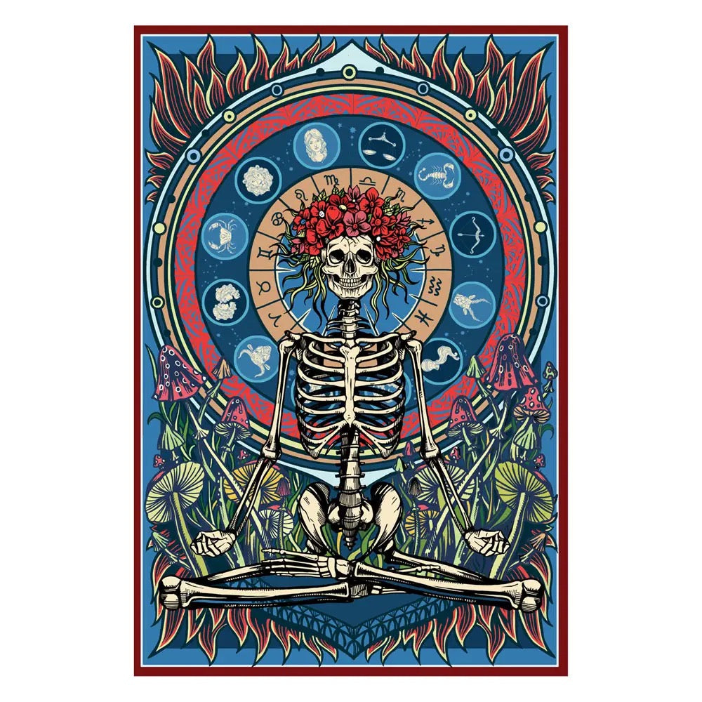 Skeletal figure with floral crown surrounded by astrological symbols and nature elements on a blue background.