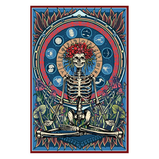 Skeletal figure with floral crown surrounded by astrological symbols and nature elements on a blue background.