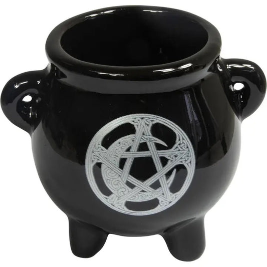Black ceramic cauldron with a silver pentagram design on a white background