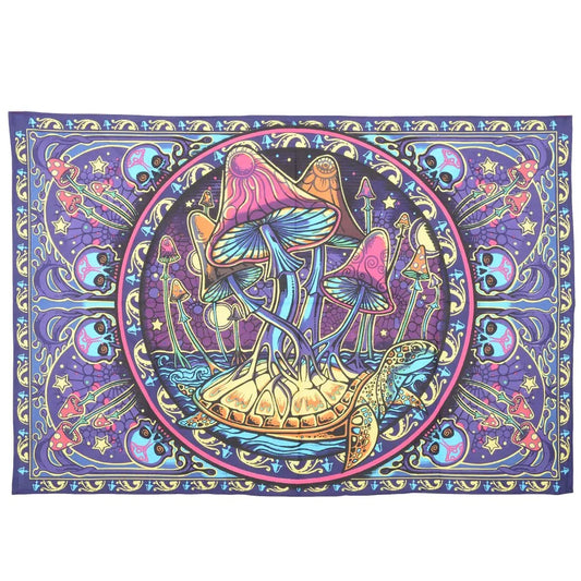 Colorful tapestry with mushrooms and abstract designs on a purple background