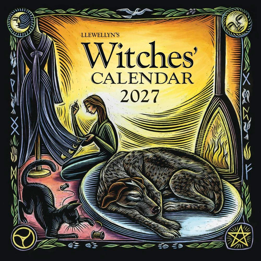 Cover of Llewellyn's Witches' Calendar 2027 featuring a witch, dog, and black cat.