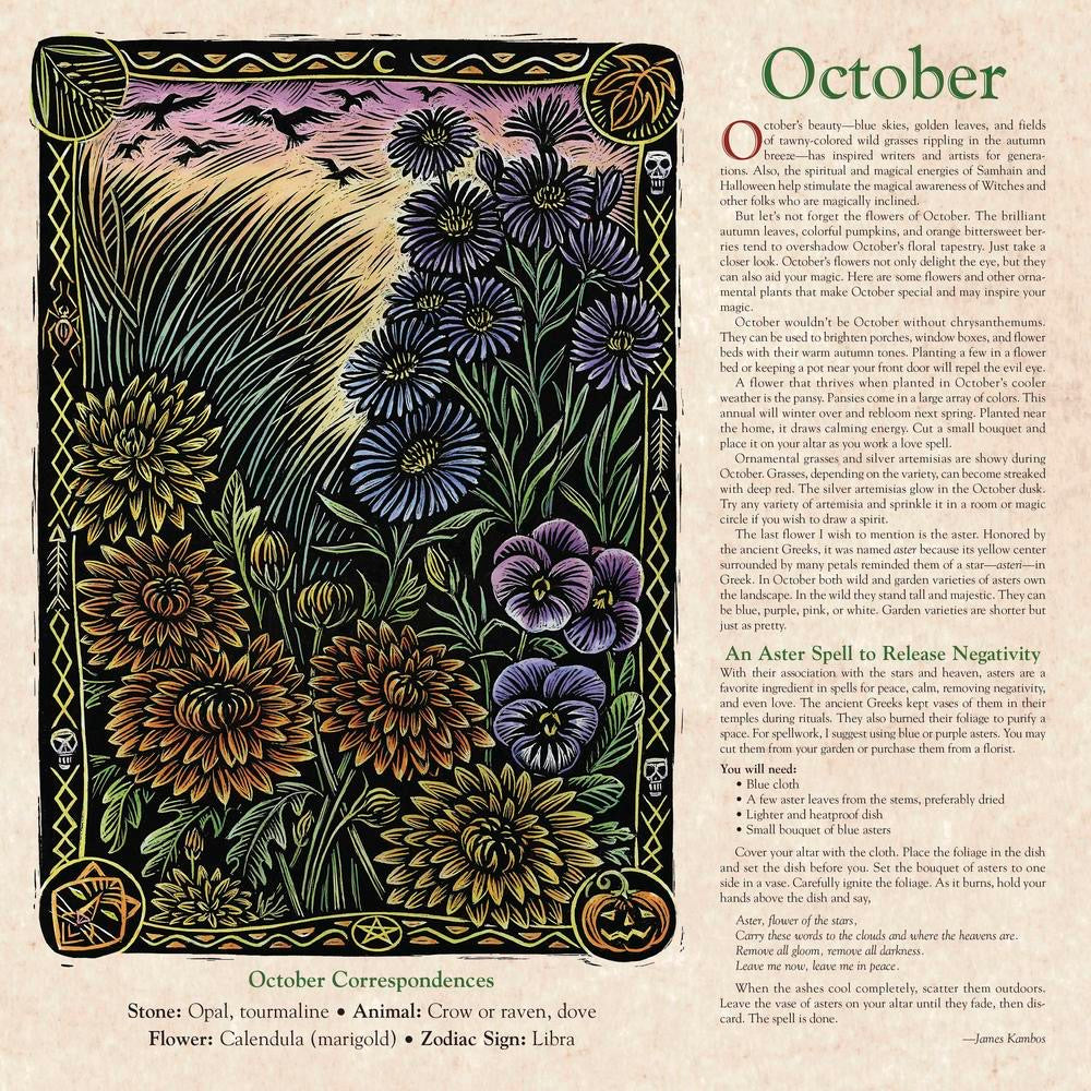 Decorative page for October with floral illustrations and text on a beige background