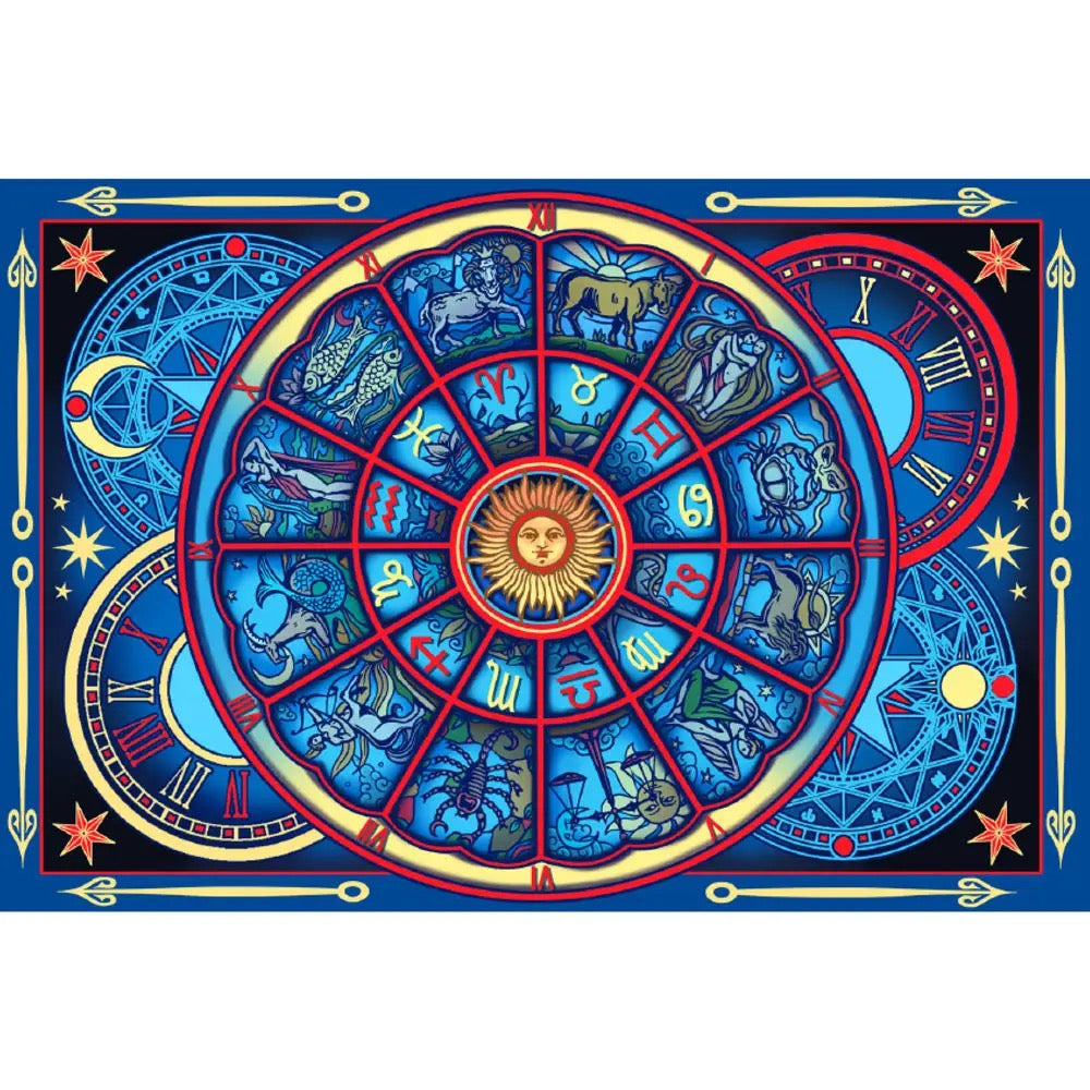 Astrological wheel with zodiac signs on a blue background