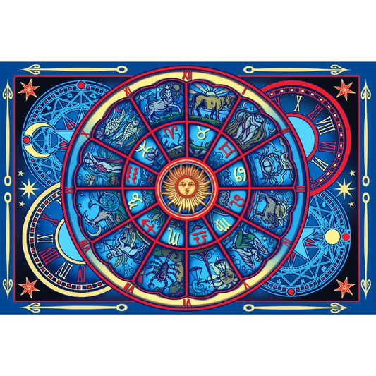 Astrological wheel with zodiac signs on a blue background