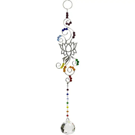 Decorative hanging ornament with lotus design and colorful beads on a white background