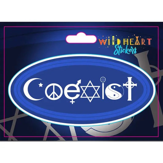 Sticker with 'Coexist' design on a blue oval background, branded with 'Wild Heart Stickers'.