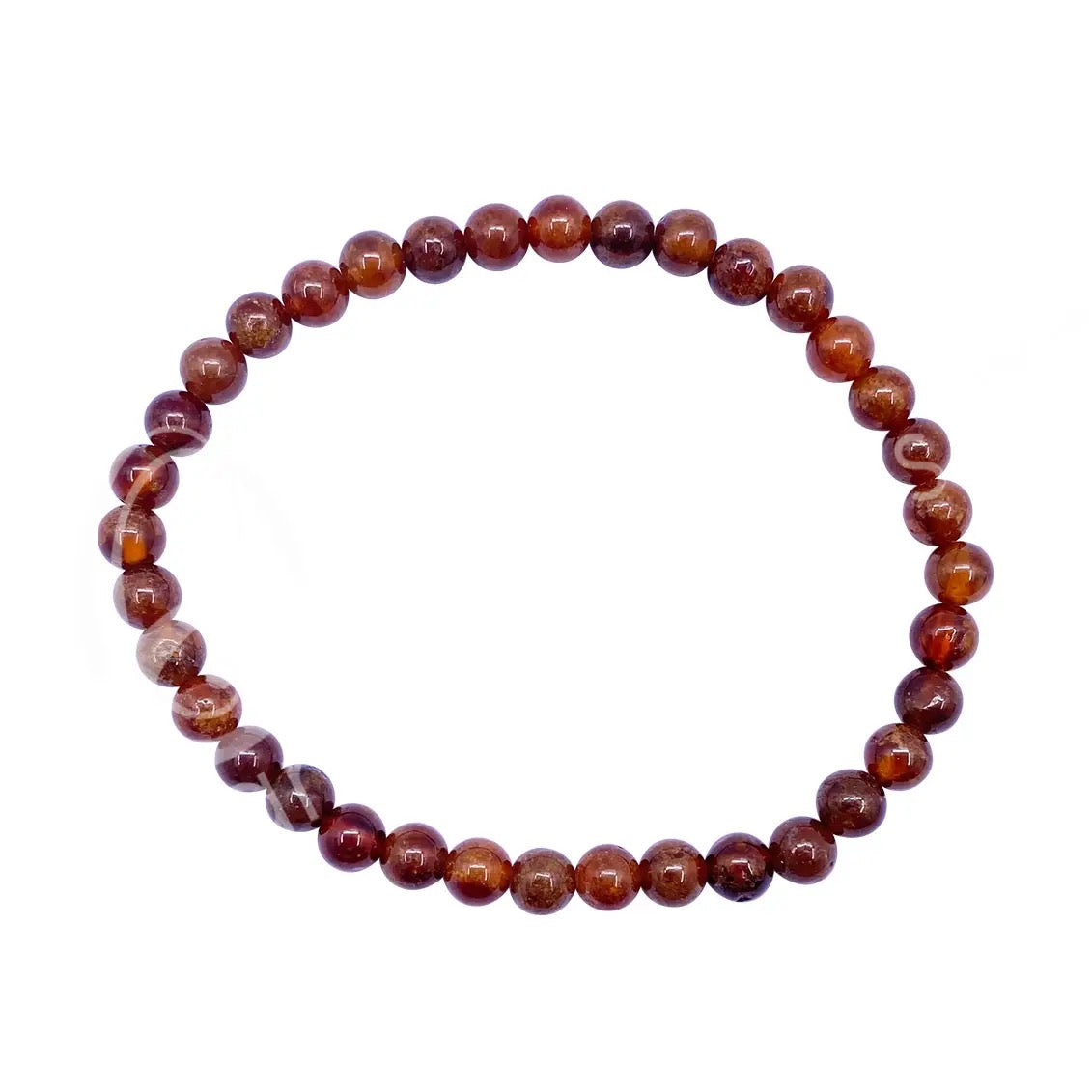 Round beaded bracelet with brown and red stones on a white background