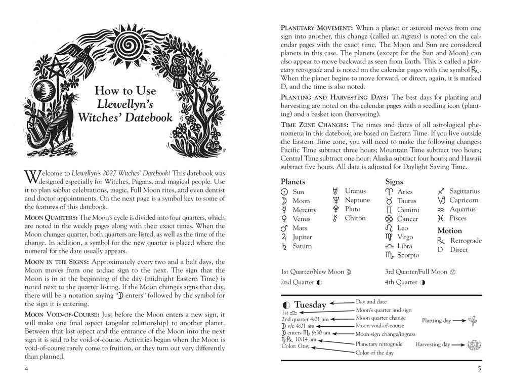Page from a book or magazine titled 'How to Use Llewellyn's Witches' Datebook' with astrological symbols and text.