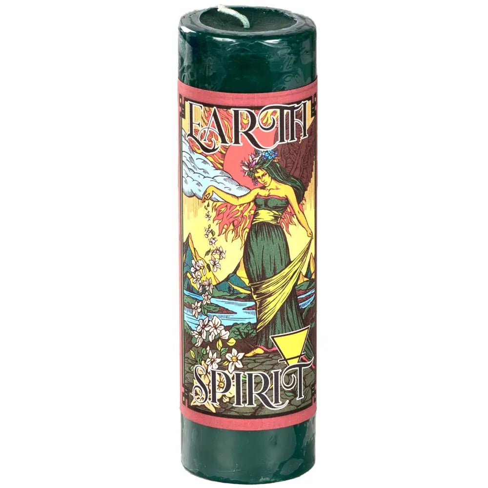 Green candle with a colorful label featuring a woman and nature elements on a white background