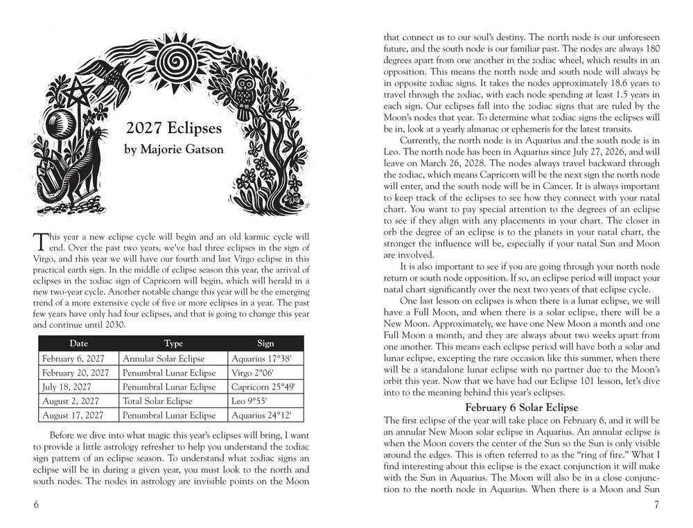 A printed page titled '2027 Eclipses by Majorie Gatto' with black text, a black-and-white spiral diagram, a table listing eclipse dates and names, and a small solar eclipse illustration.