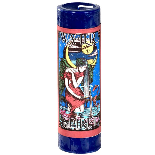 Decorative candle with artistic design and text on a white background