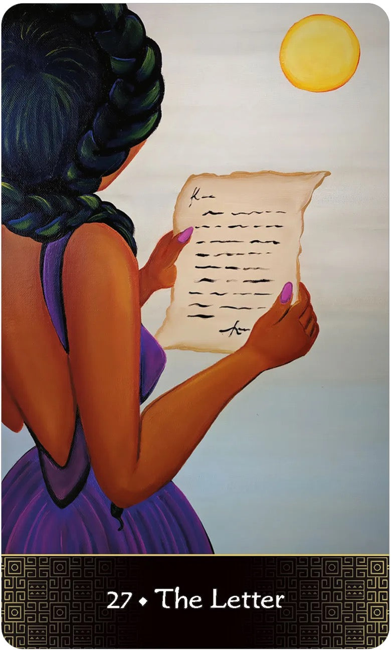 Card from a tarot deck featuring a woman holding a scroll with 'The Letter' at the bottom.