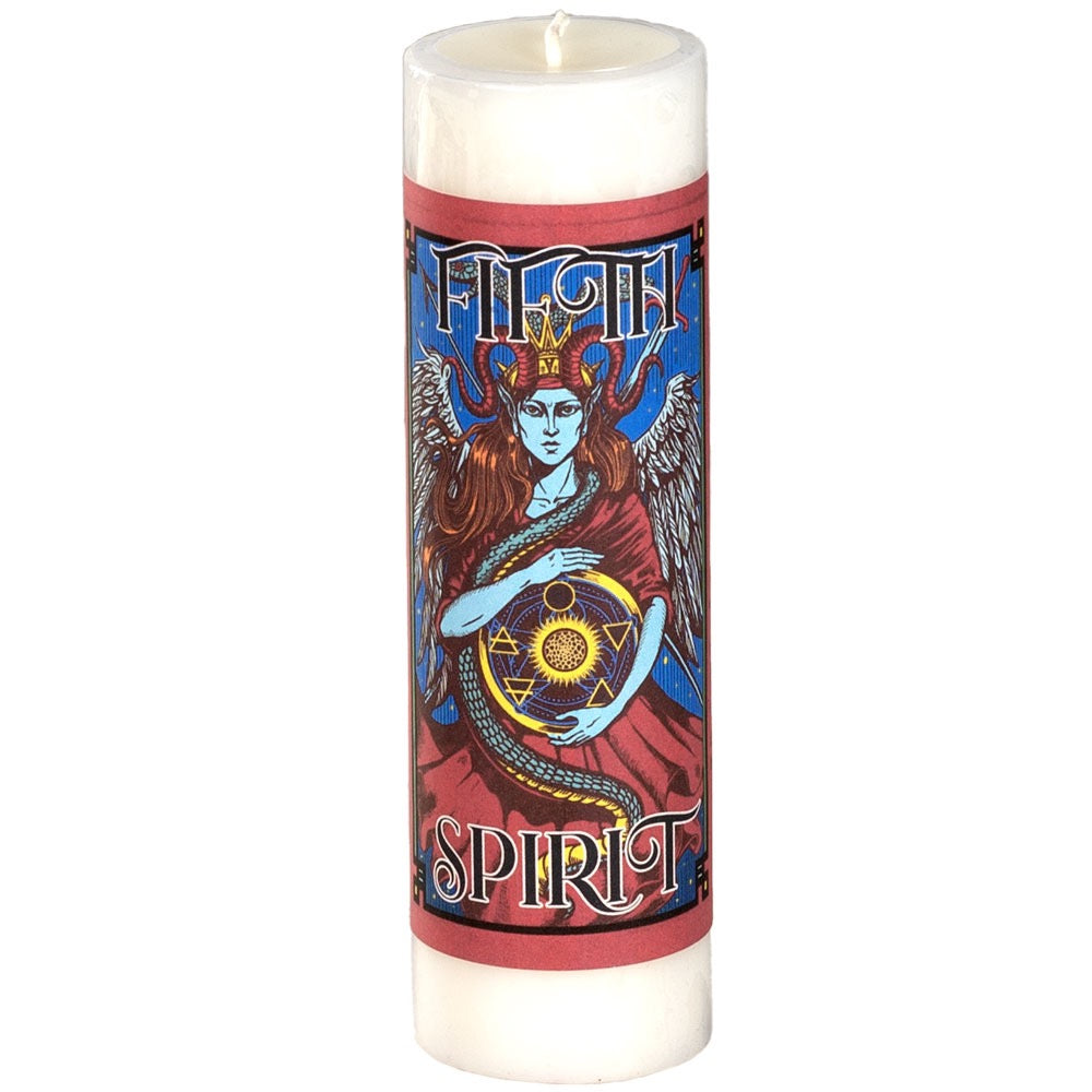 Decorative candle with a colorful design featuring a figure and text on a white background