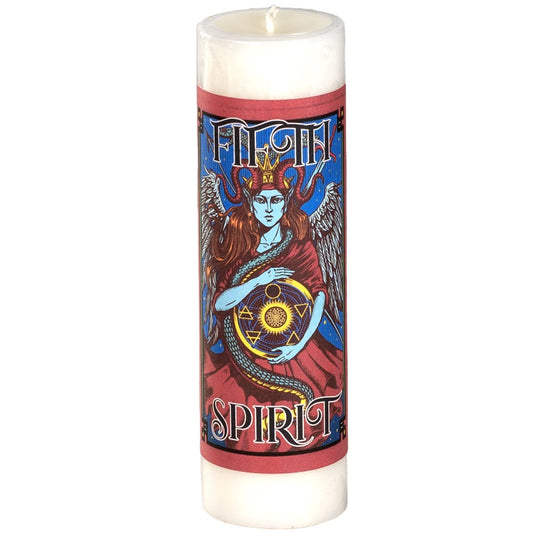 Decorative candle with a colorful design featuring a figure and text on a white background