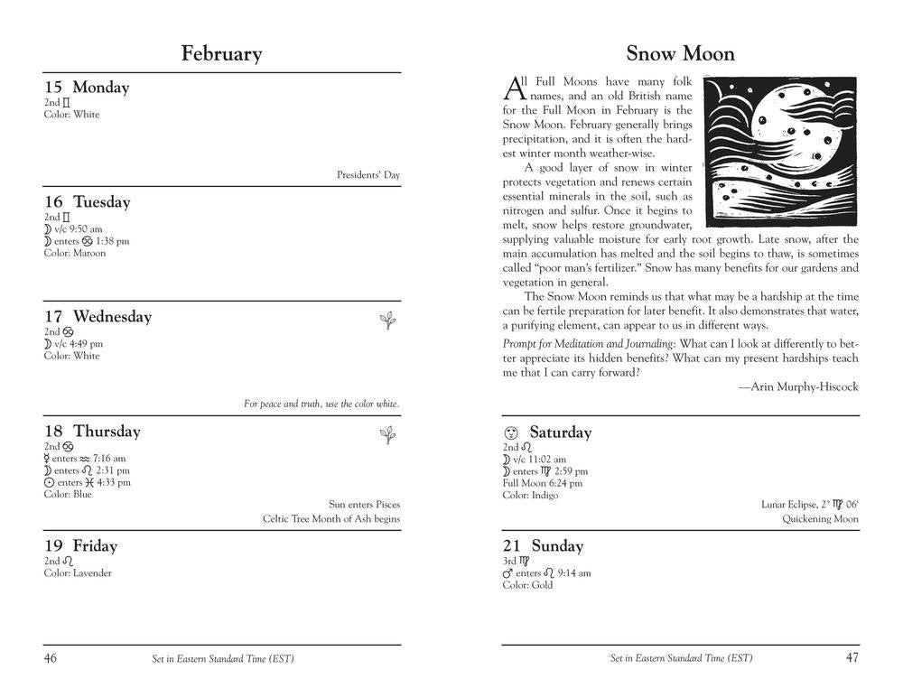 A two-page spread from a printed calendar or journal showing February with daily entries, weather notes, and a black-and-white illustration titled 'Snow Moon.' 