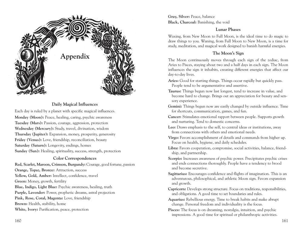 Page from a book with an appendix titled 'Daily Magical Influences' and a decorative illustration of a moon and sun.