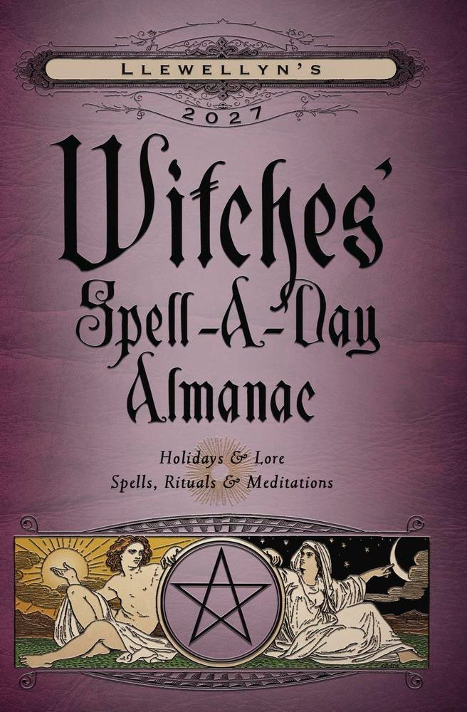Cover of Llewellyn's 2021 Witches' Spell-A-Day Almanac with purple background and pentacle design.