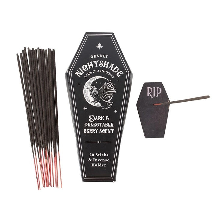 Incense sticks with a black coffin-shaped packaging labeled 'Deadly Nightshade' on a white background.
