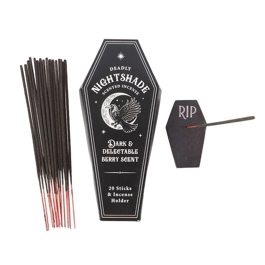 Incense sticks with a black coffin-shaped packaging labeled 'Deadly Nightshade' on a white background.
