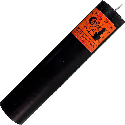 Black candle with orange label featuring a cat design on a white background