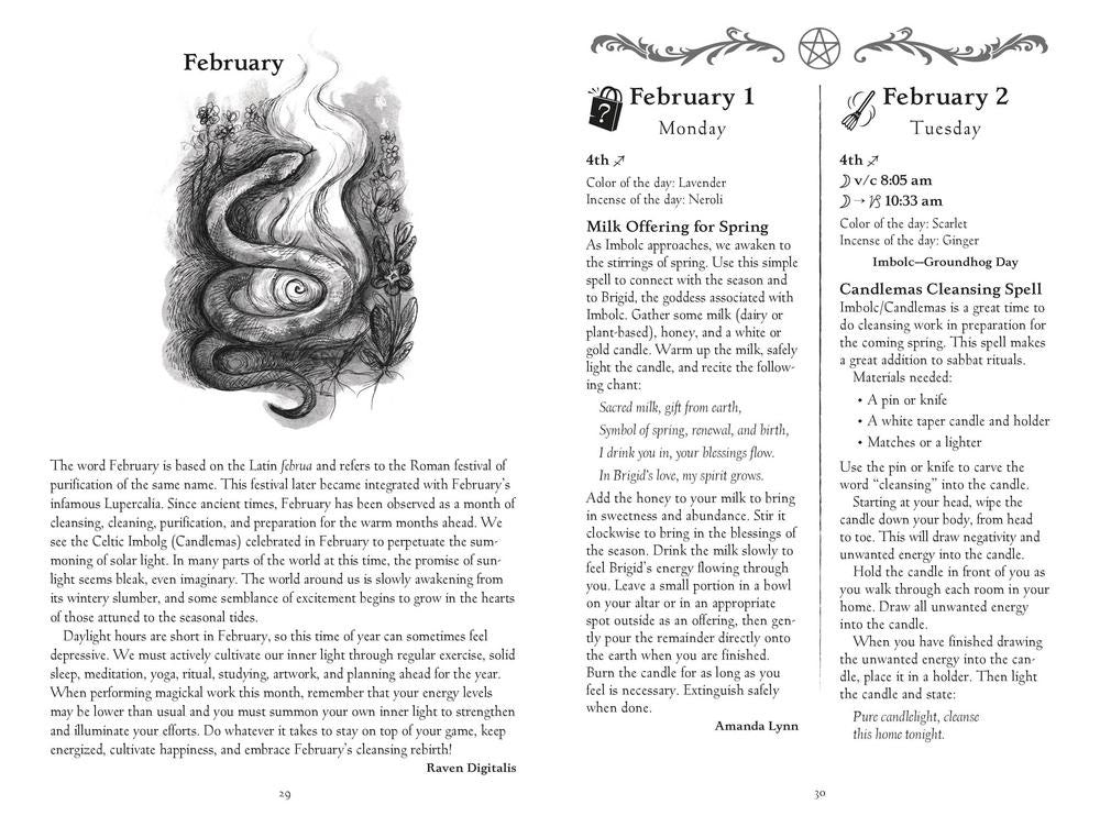 February page of a book showing Monday and Tuesday spells.
