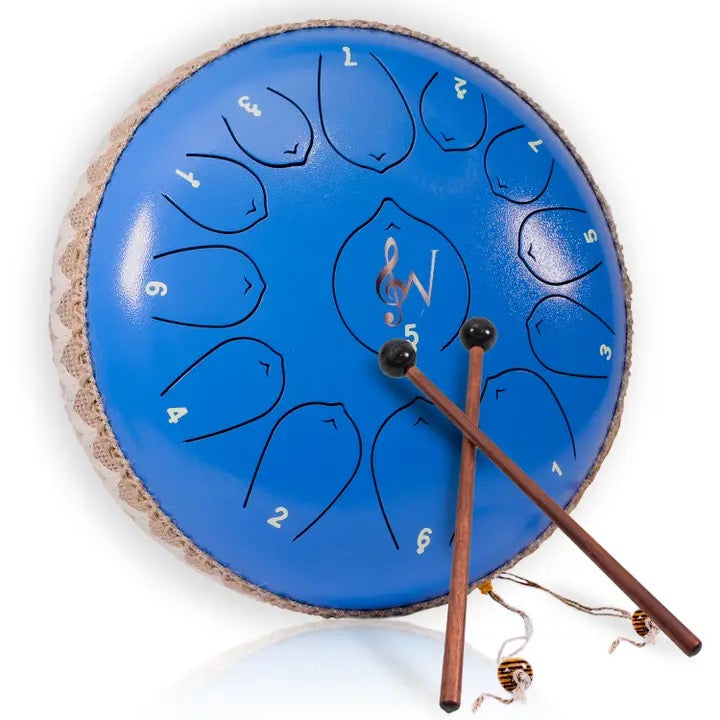 Blue tingsha drum with number markings and two wooden mallets on a white background