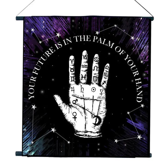Decorative banner with palmistry design and text 'Your future is in the palm of your hand' on a starry night sky background.