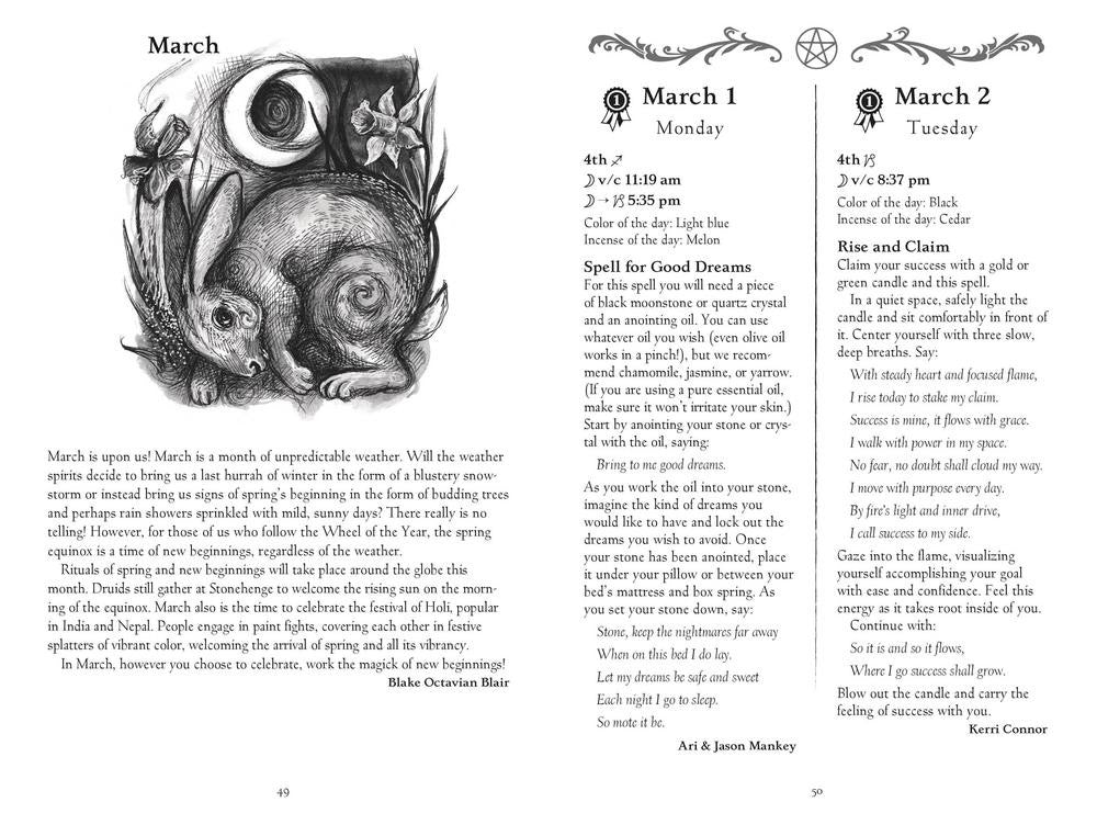 A printed page showing the monthly calendar and spell list for March, with three columns of text, times, days, and spells, plus a pentagram symbol in the top right corner.