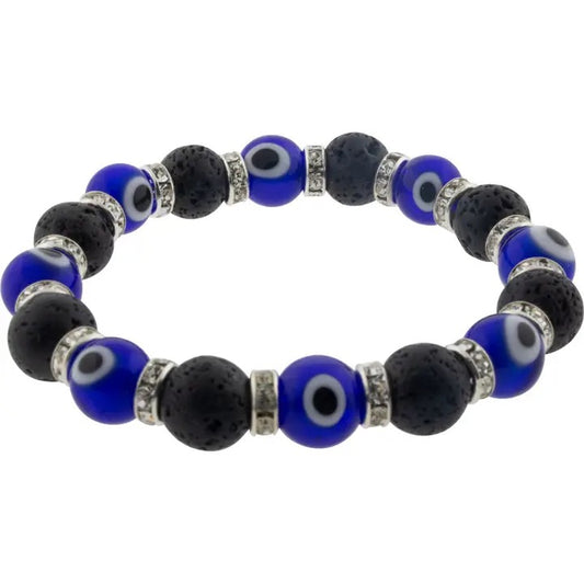 Bracelet with blue and black beads on a white background