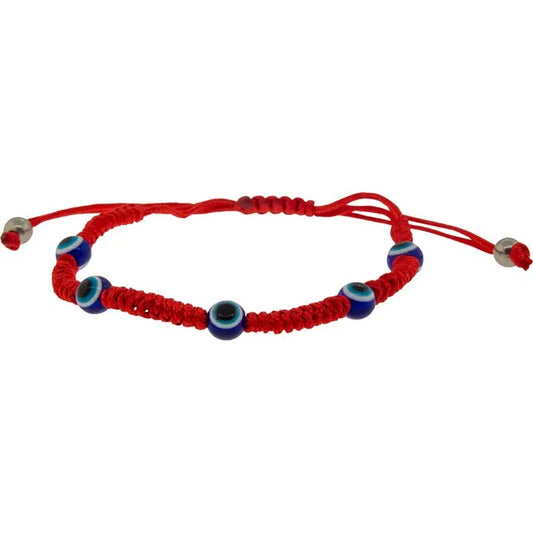 Red bracelet with blue and silver beads on a white background