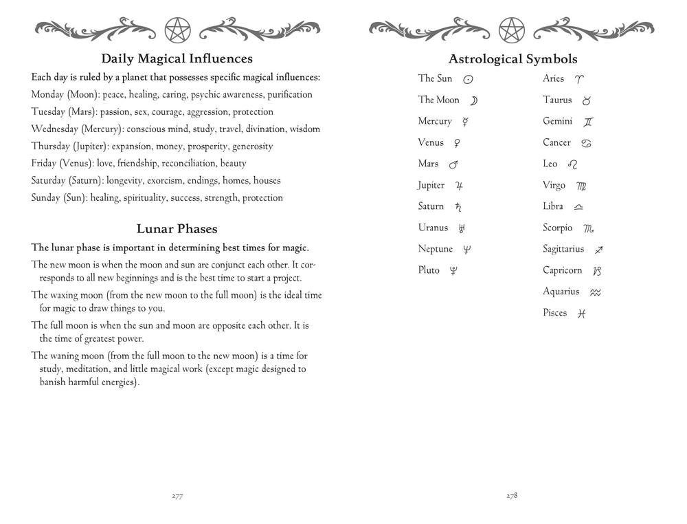 A printed informational page with black text on a white background, titled 'Daily Magical Influences' and 'Lunar Phases' on the left, and 'Astrological Symbols' on the right, with decorative flourishes at the top.