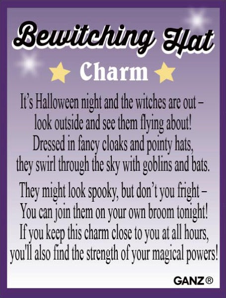 A square graphic with a purple gradient background and white border, featuring the title 'Bewitching Hat' in large black script with a white outline, two gold stars, and the word 'Charm' in white. Below is a paragraph of Halloween-themed text about witches flying through the sky, and the brand name 'GANZ' appears in the bottom right corner.