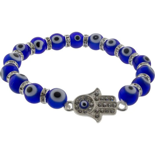 A beaded stretch bracelet featuring blue and white evil eye beads, silver spacer beads, and a silver Hamsa hand charm with a blue evil eye detail, set against a plain white background.