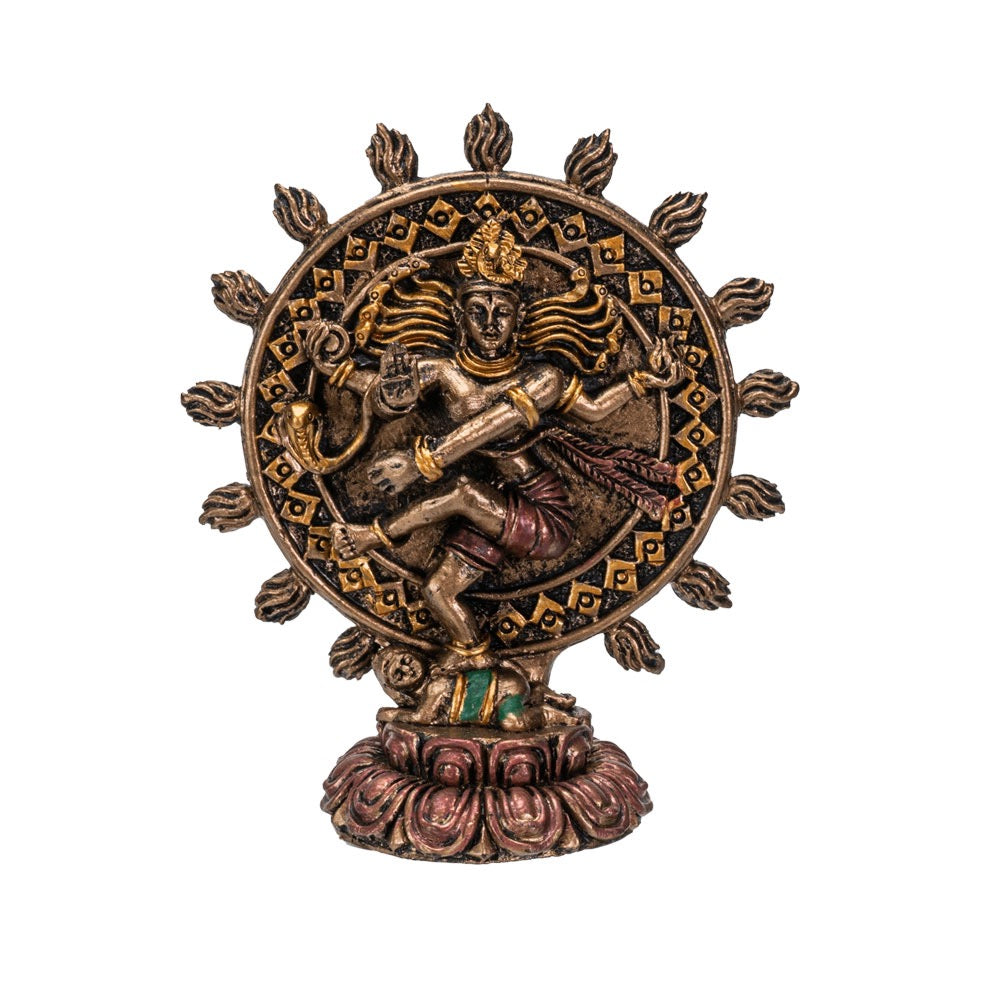 Decorative statue of a figure on a wheel with intricate designs on a white background