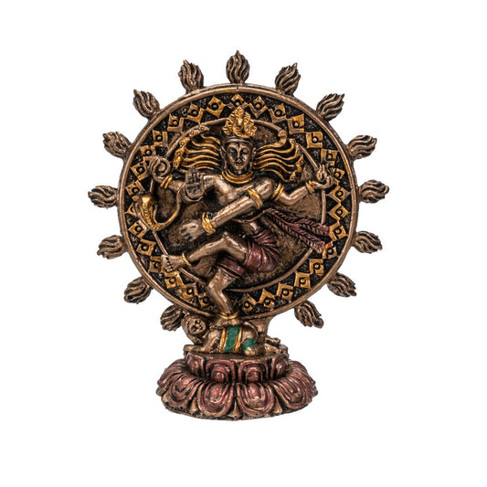 Decorative statue of a figure on a wheel with intricate designs on a white background