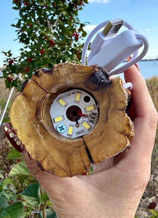 Hand holding a wooden object with a clock face outdoors