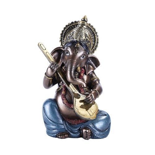 Statue of a deity with elephant head and musical instrument on a white background
