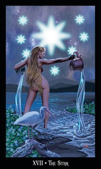 Naked woman with a star above, surrounded by stars and water, with 'XVII The Star' text at the bottom.