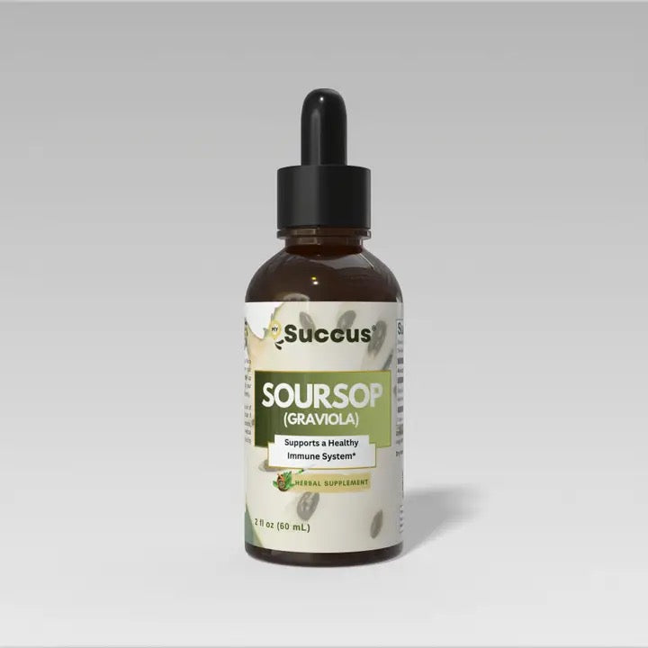 Brown Bottle Dropper Tincture Soursop (Graviola) on a grey background.