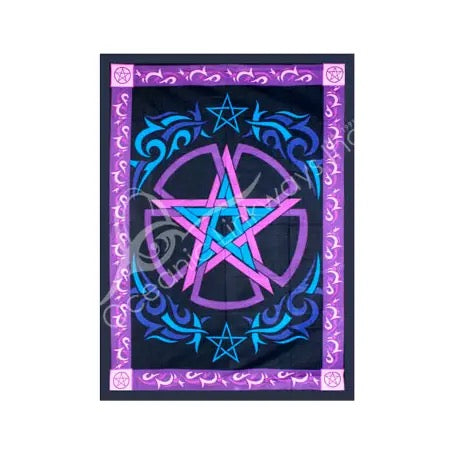 Colorful pentagram design with decorative border on a black background