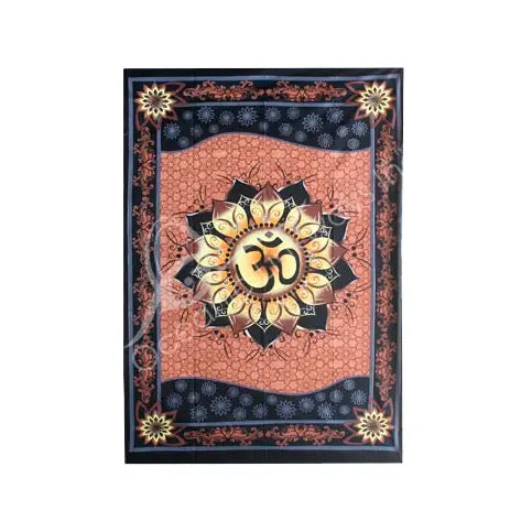 Decorative tapestry with Om symbol and floral patterns on a white background