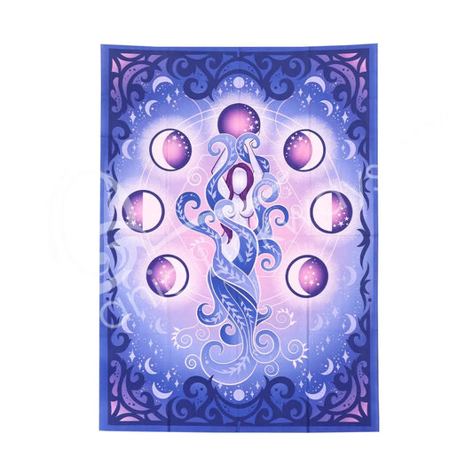 Decorative tapestry with a stylized woman and moon phases design on a white background