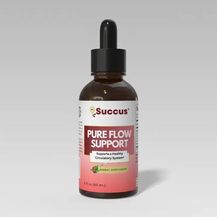 An amber glass dropper bottle with a black cap and a white label showing Pure Flow, on a neutral light gray background.