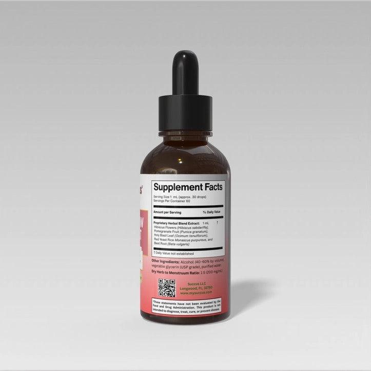 An amber glass dropper bottle with a black cap and a white label showing Supplement Facts, photographed on a neutral light gray background.