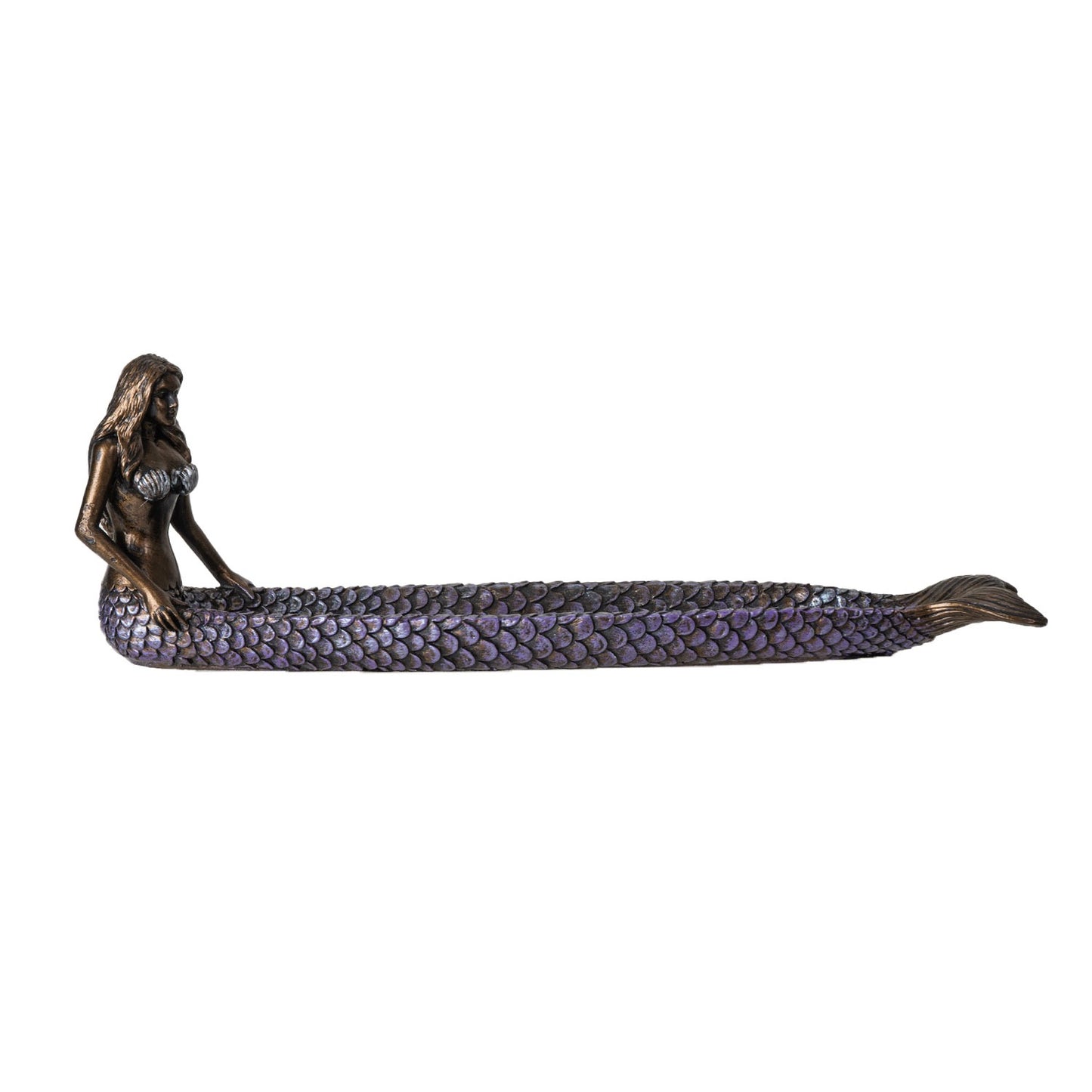 Bronze mermaid incense burner with purple scales on a white background