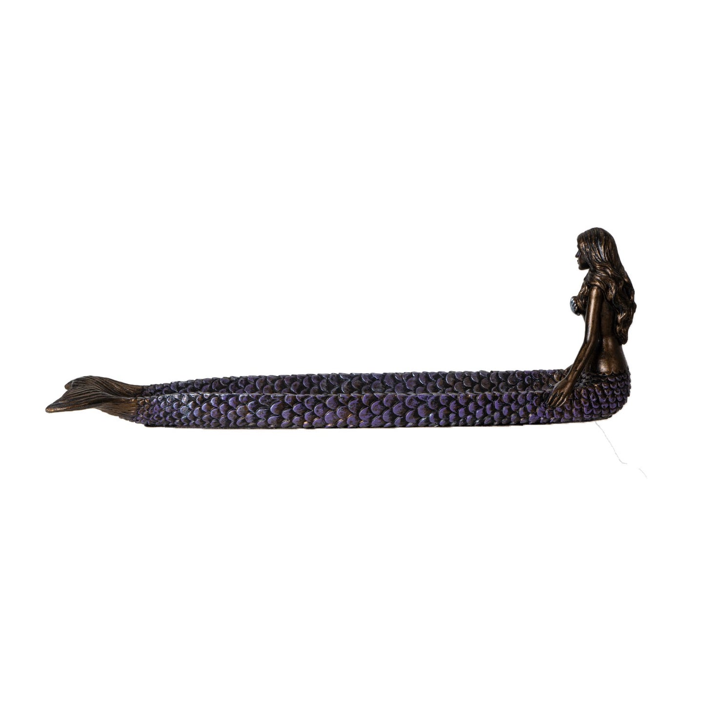 Bronze mermaid incense burner with purple scales on a white background