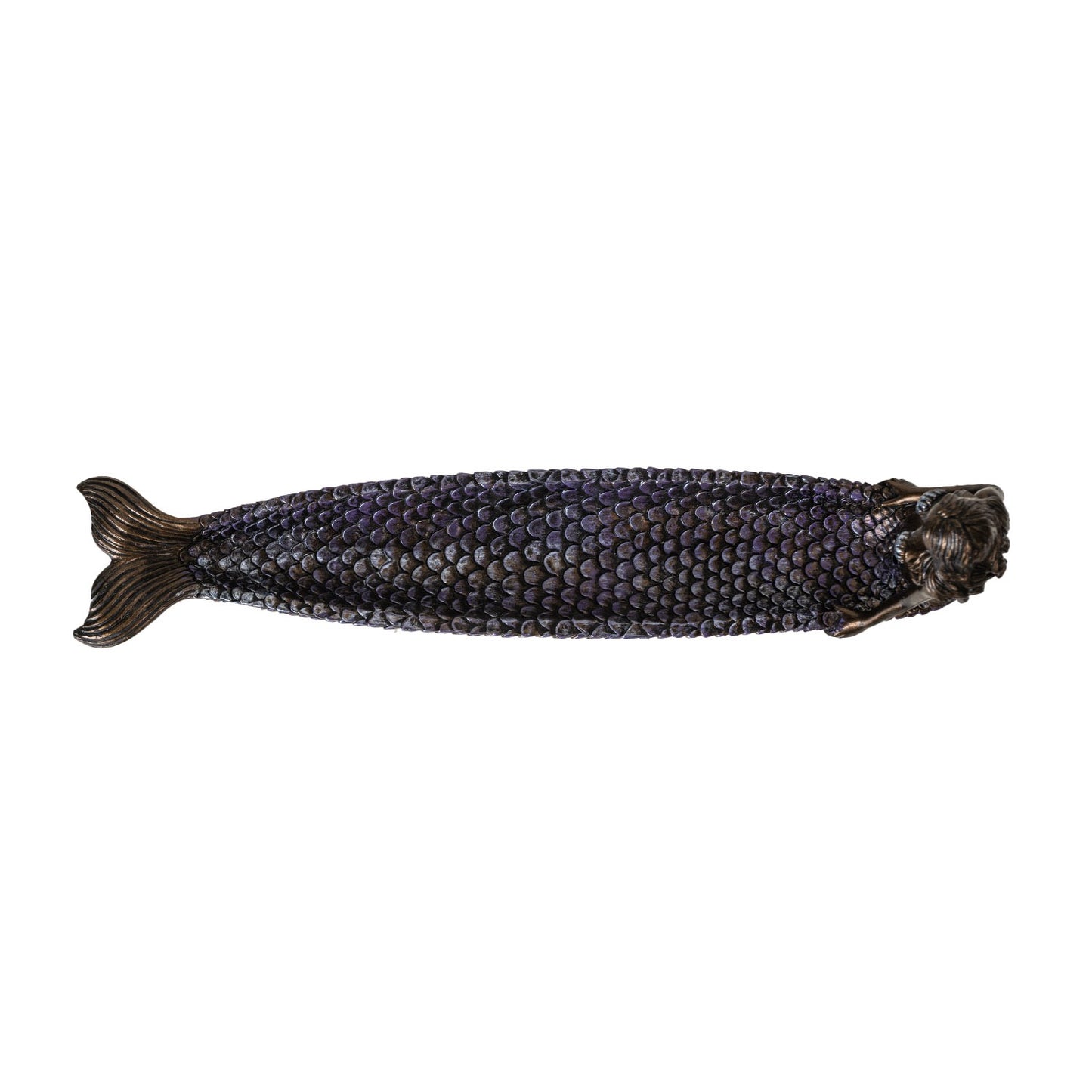 Bronze mermaid incense burner with purple scales on a white background top down view
