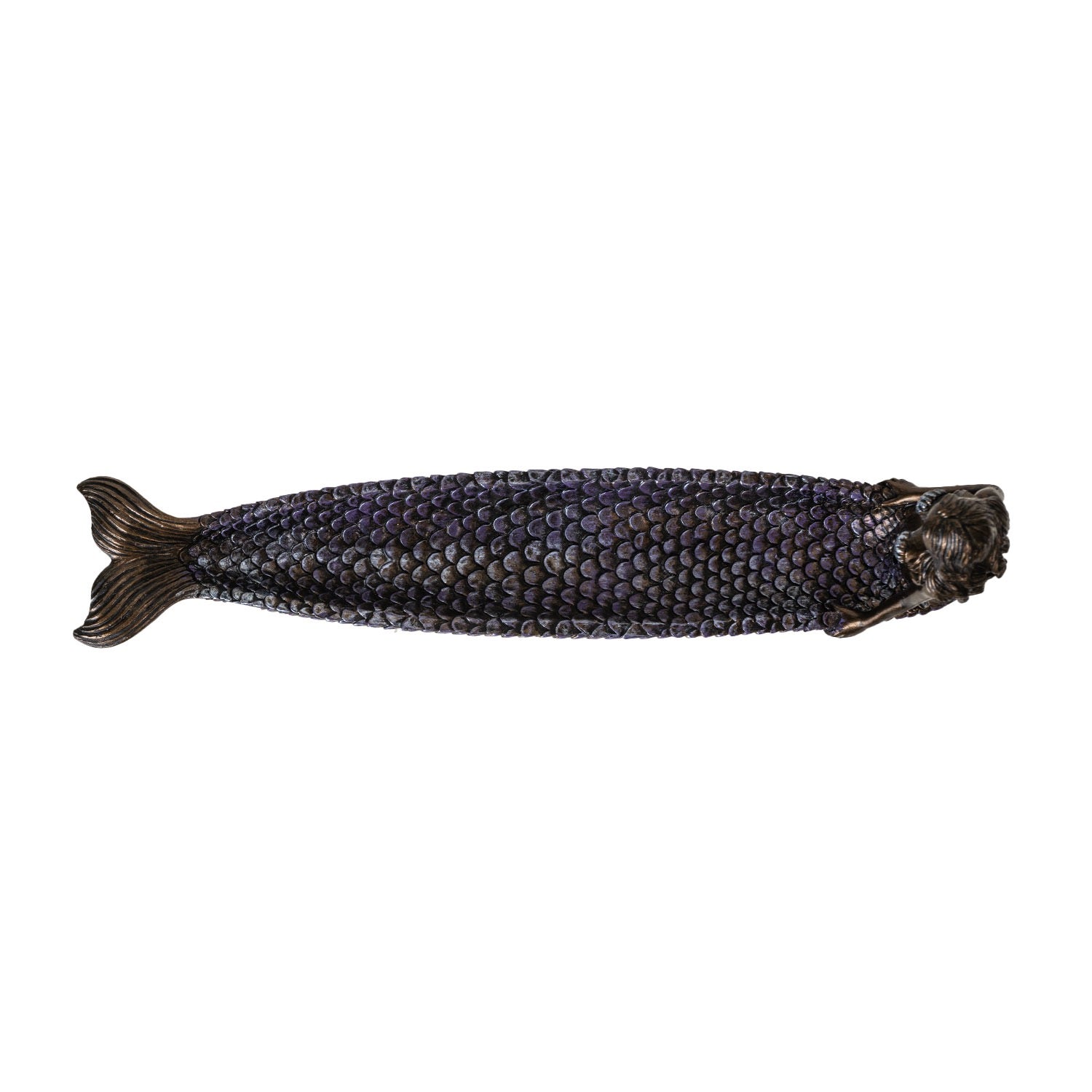 Bronze mermaid incense burner with purple scales on a white background top down view
